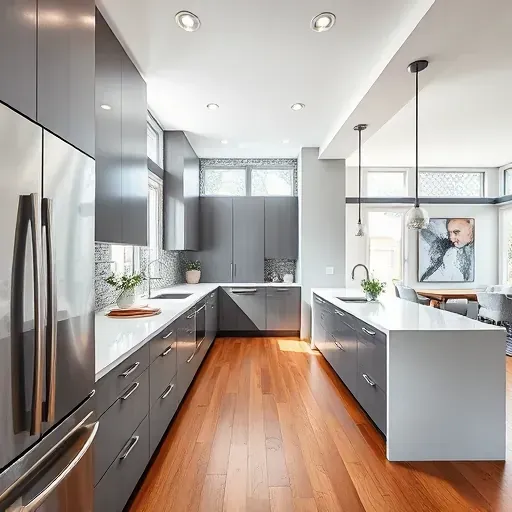 Modern University City kitchen with matte cabinets, stainless steel appliances, quartz counters, hardwood floors, and sleek design