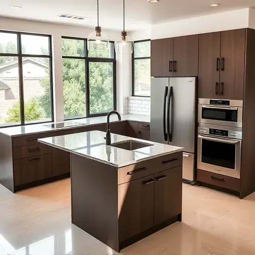 Renovated Jesmond Dene kitchen with modern black cabinetry, granite countertops, stainless steel appliances, and scenic windows