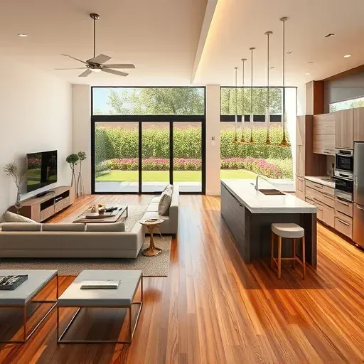 Modern open-concept living space in Sabre Springs CA featuring sleek furniture, custom cabinetry, and vibrant garden views.