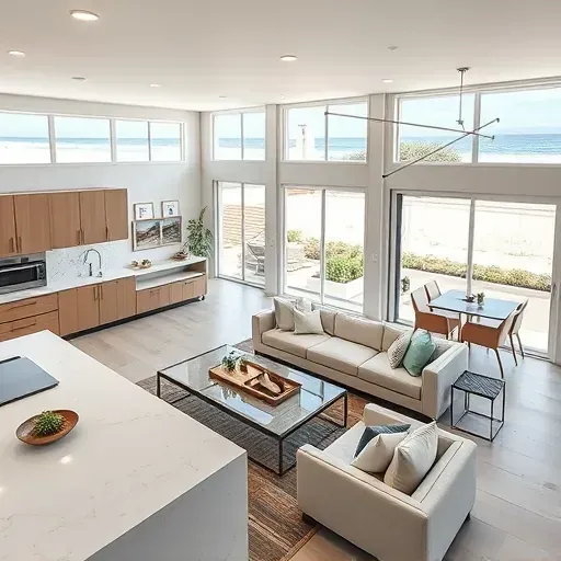 A stunning coastal home remodel in Solana Beach showcases an open living area with ocean views and modern decor.