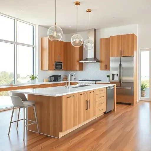 Beautiful renovated Encinitas kitchen with modern wood cabinetry, quartz island, stainless appliances, and coastal color palette