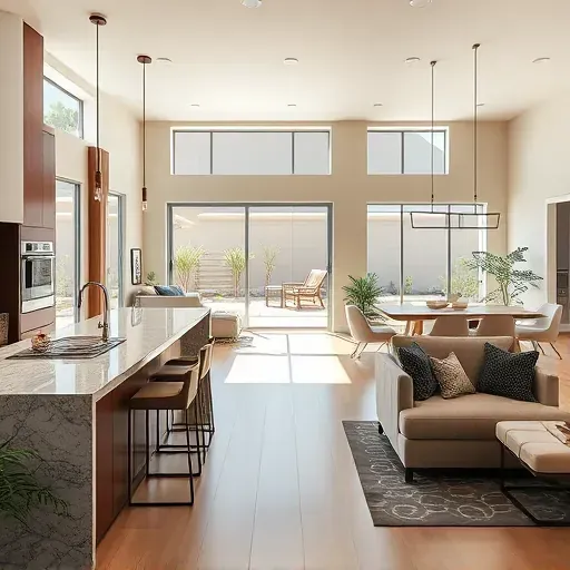 Completed home remodeling in Bonsall CA featuring open-concept kitchen and living area with modern decor and natural light.