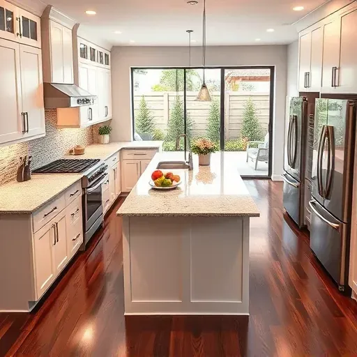 Modern kitchen in Rancho Bernardo CA features sleek white cabinets, granite countertops, and a large quartz island with herbs.