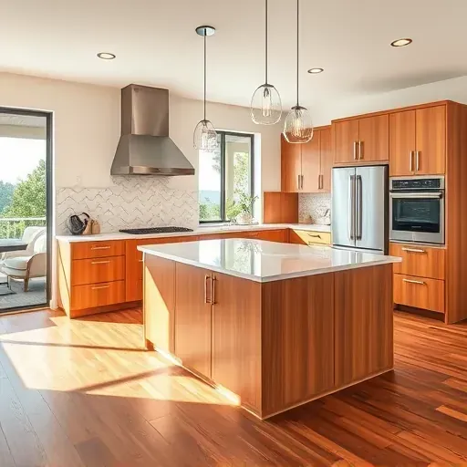 Renovated modern kitchen in Clairemont CA with wood finish cabinets quartz island stainless appliances and bright open design