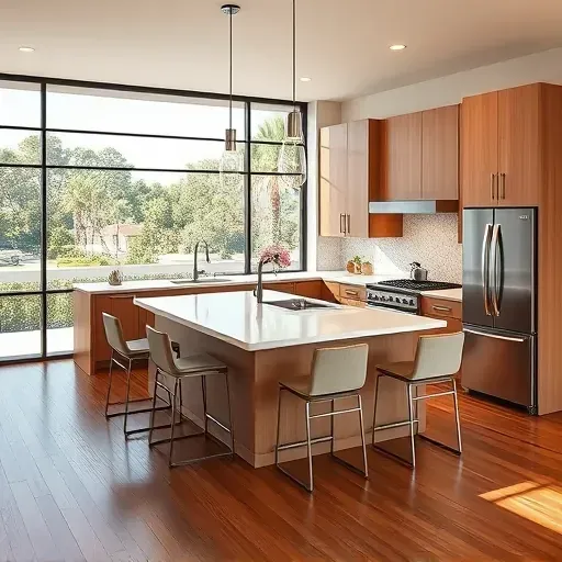 Modern Vista kitchen with warm wood cabinets quartz countertops stainless steel appliances hardwood flooring and panoramic outdoor view