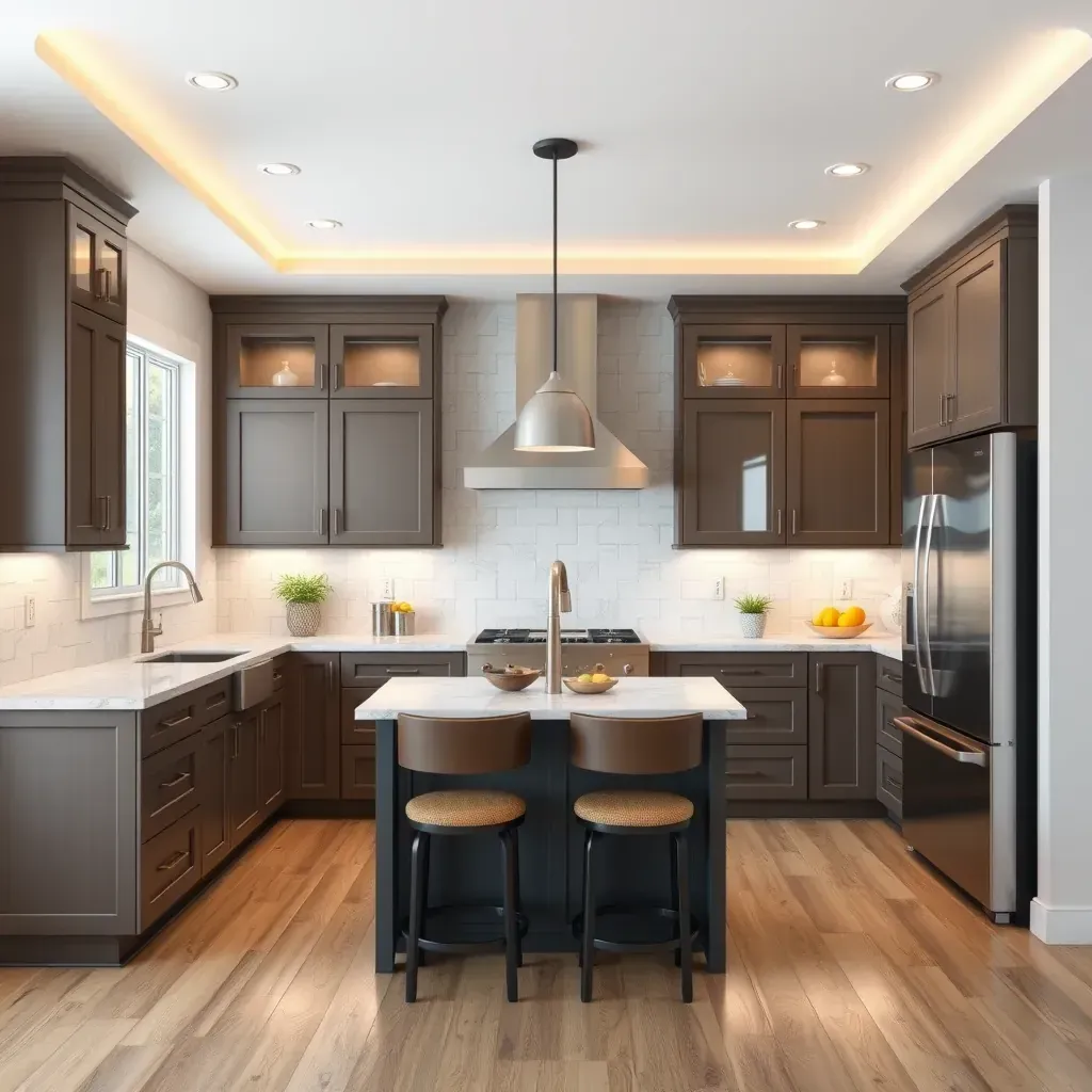 Modern Vista, CA kitchen with matte cabinets, quartz countertops, stainless steel appliances, hardwood floors, and natural light.