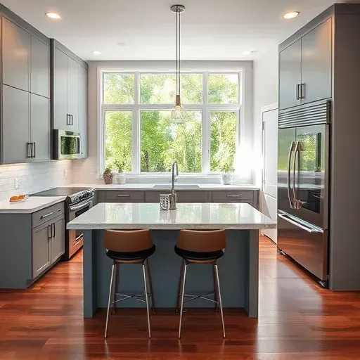 Modern Lake San Marcos kitchen with matte cabinetry, quartz countertops, marble island, stainless steel appliances, and lush green views