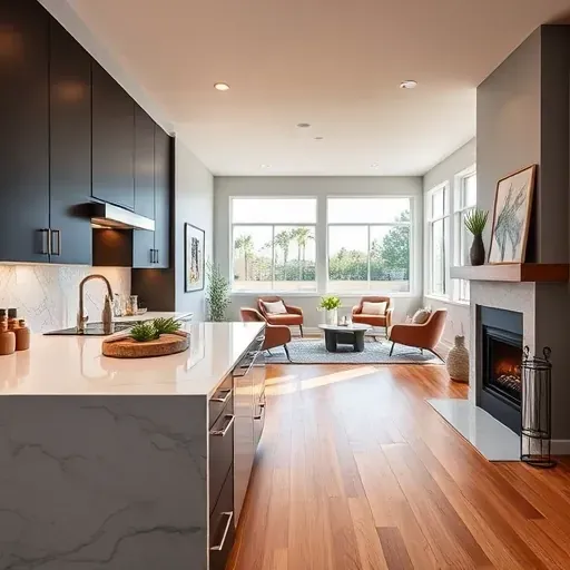 Modern Escondido kitchen remodel featuring black cabinets, white quartz countertops, and cozy breakfast nook in airy layout.