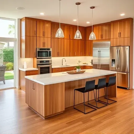 Recently remodeled kitchen in Vista CA with sleek cabinetry, modern island, high-end appliances, and natural light.