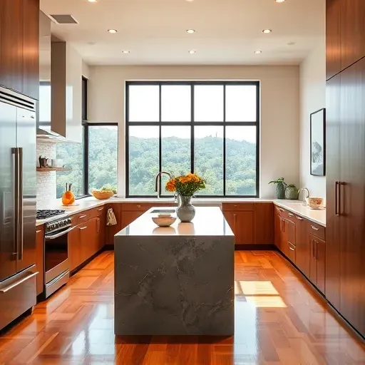 Modern kitchen remodel in Carmel Valley CA with high-end appliances, custom cabinetry, and serene ambient lighting.