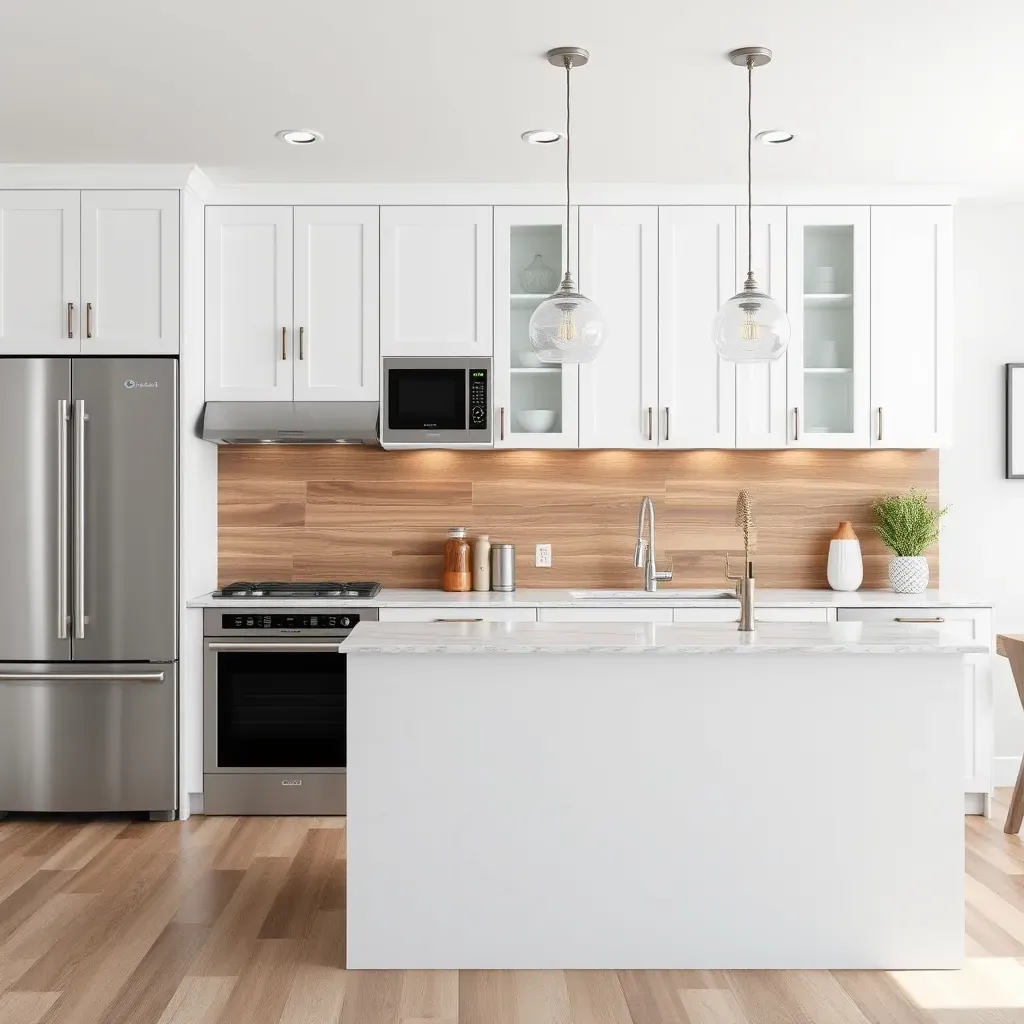 Modern kitchen in Vista, CA with white quartz counters, wooden cabinets, island with sink, stainless steel appliances, and large windows.