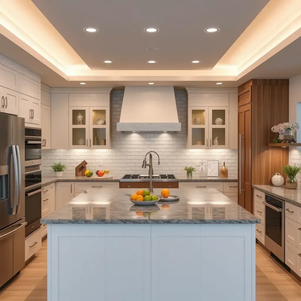 Spacious, modern Fairbanks Ranch kitchen with white marble countertops, taupe cabinetry, stainless appliances, hardwood floors.