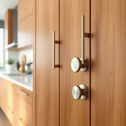 Modern kitchen with polished wooden cabinets and brushed nickel handles in Vista California, highlighting craftsmanship and style