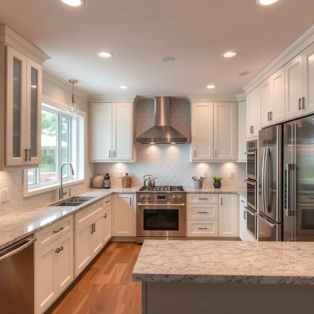 Modern Scripps Ranch kitchen with sleek cabinetry, quartz countertops, large windows, stainless steel farmhouse sink, and desert-inspired landscaping.