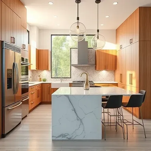 Freshly remodeled Vista CA kitchen with modern cabinetry, quartz countertops, and elegant pendant lighting.