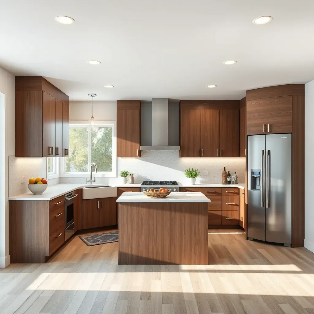 Modern Deer Springs kitchen with wood cabinets, quartz countertops, stainless appliances, and scenic hill views.
