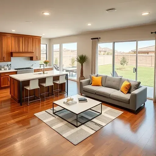 Completed home remodel in San Marcos CA featuring an open-concept kitchen and living room with modern decor and natural light.