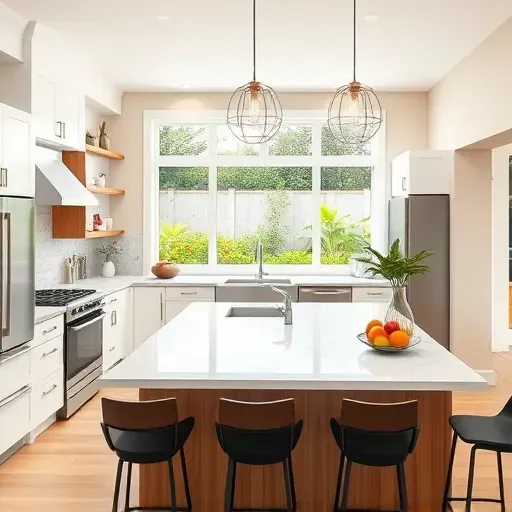 Renovated modern kitchen in Oceanside CA with quartz countertops, stainless steel appliances, and inviting island seating.