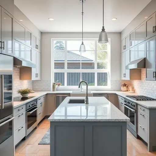 Renovated kitchen in Vista, CA with sleek cabinetry, stainless steel appliances, and spacious granite island. Natural light, stylish fixtures.