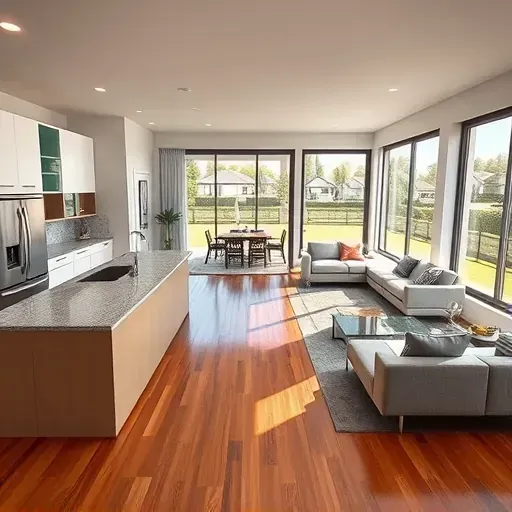 Renovated Vista California home interior with modern open living space, hardwood floors, stylish kitchen, and suburban view