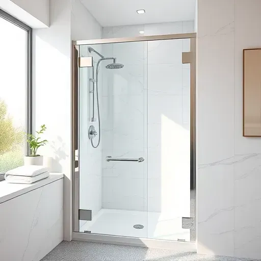 Modern bathroom with sleek glass shower door, chrome hardware, marble walls, stone floor, and natural light showcase professional installation