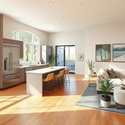 Modern kitchen remodel in Fallbrook CA with quartz island, stainless steel appliances, hardwood floors, and natural light.
