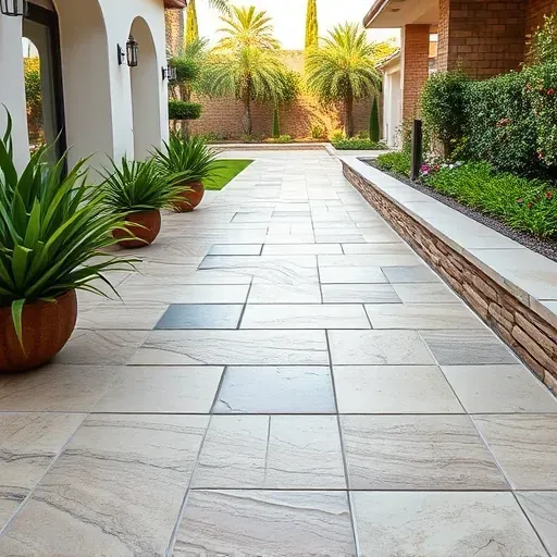 Close-up of a flawless stone tile outdoor patio with natural textures, subtle color variations, and a geometric pattern