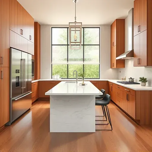 Remodeled Fallbrook CA kitchen with warm wood cabinets stainless steel appliances quartz countertops and landscaped backyard view