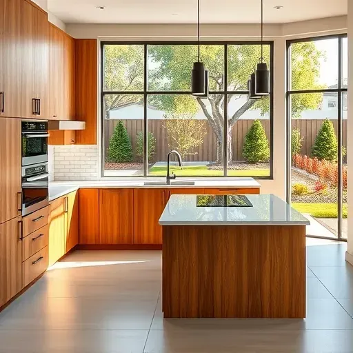 Modern kitchen remodel in Vista CA with wood cabinetry, quartz countertops, and large windows overlooking a landscaped yard.