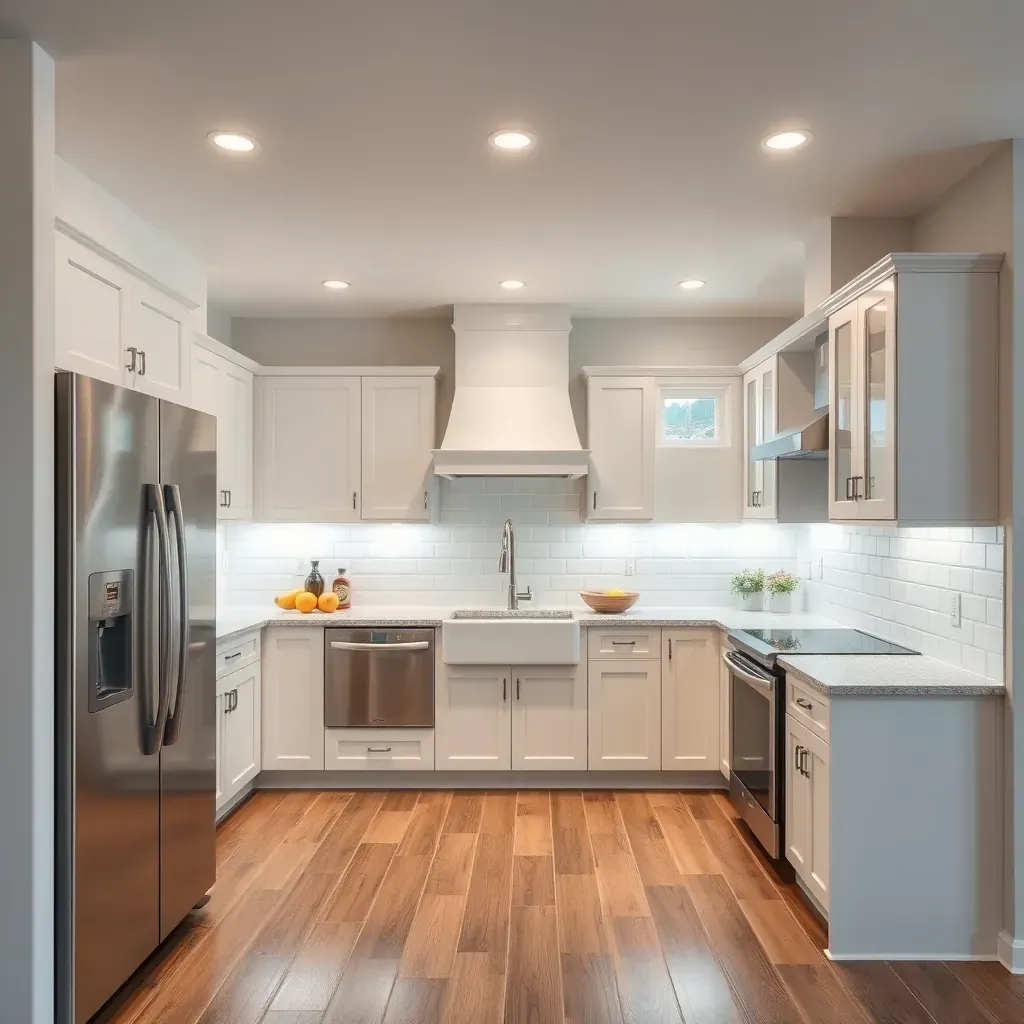 Modern Poway, CA kitchen with white cabinets, quartz counters, island with granite top, subway tile backsplash, and natural light.