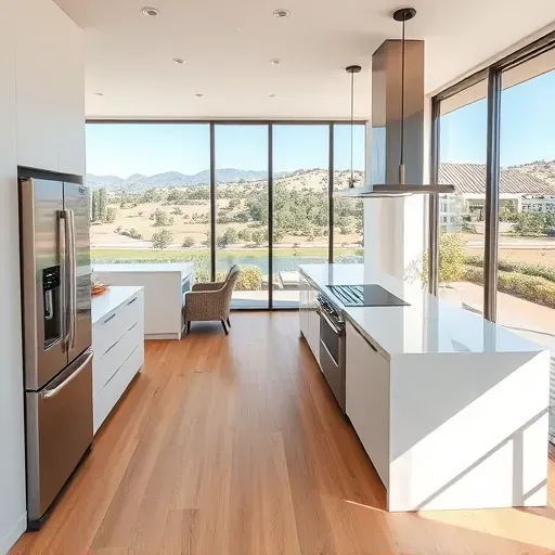 Completed modern kitchen in Rancho Bernardo with sleek quartz countertops, matte cabinetry, stainless steel appliances, hardwood floors, and scenic window views