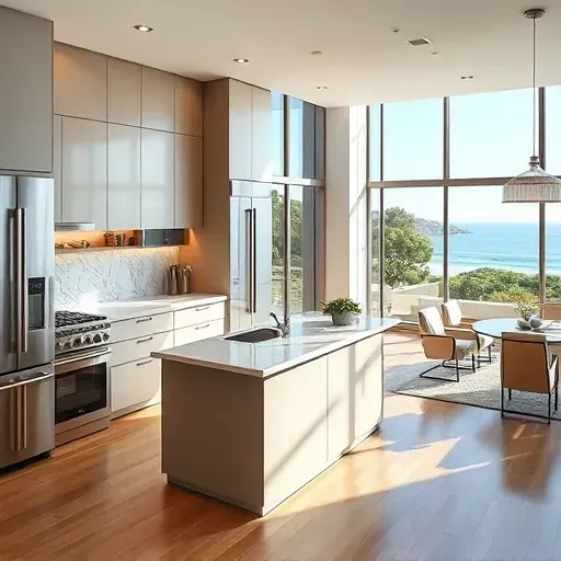Modern California kitchen with sleek matte cabinets stainless steel appliances quartz island lush greenery coastal view natural sunlight hardwood floors