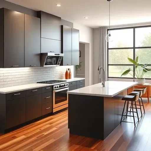 Recently renovated Vista CA kitchen with matte cabinets stainless steel appliances granite island textured backsplash under-cabinet lighting and hardwood flooring