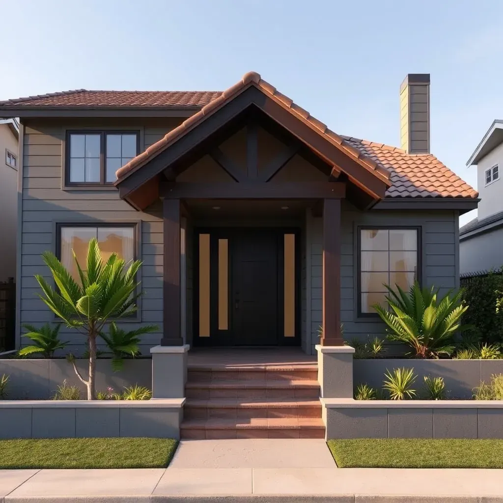 Remodeling Cardiff-by-the-Sea home with new siding, scaffolding, tools, and landscaped drought-resistant plants.