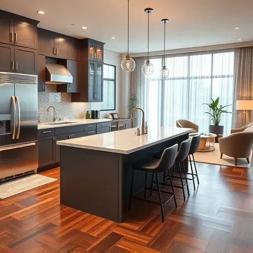Modern kitchen in University City CA with sleek finishes, granite countertops, and spacious island in a refined layout.