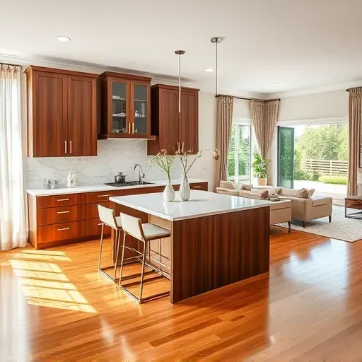 Modern kitchen remodel in Rancho Peñasquitos with walnut cabinetry, white marble countertop, and vibrant garden views.