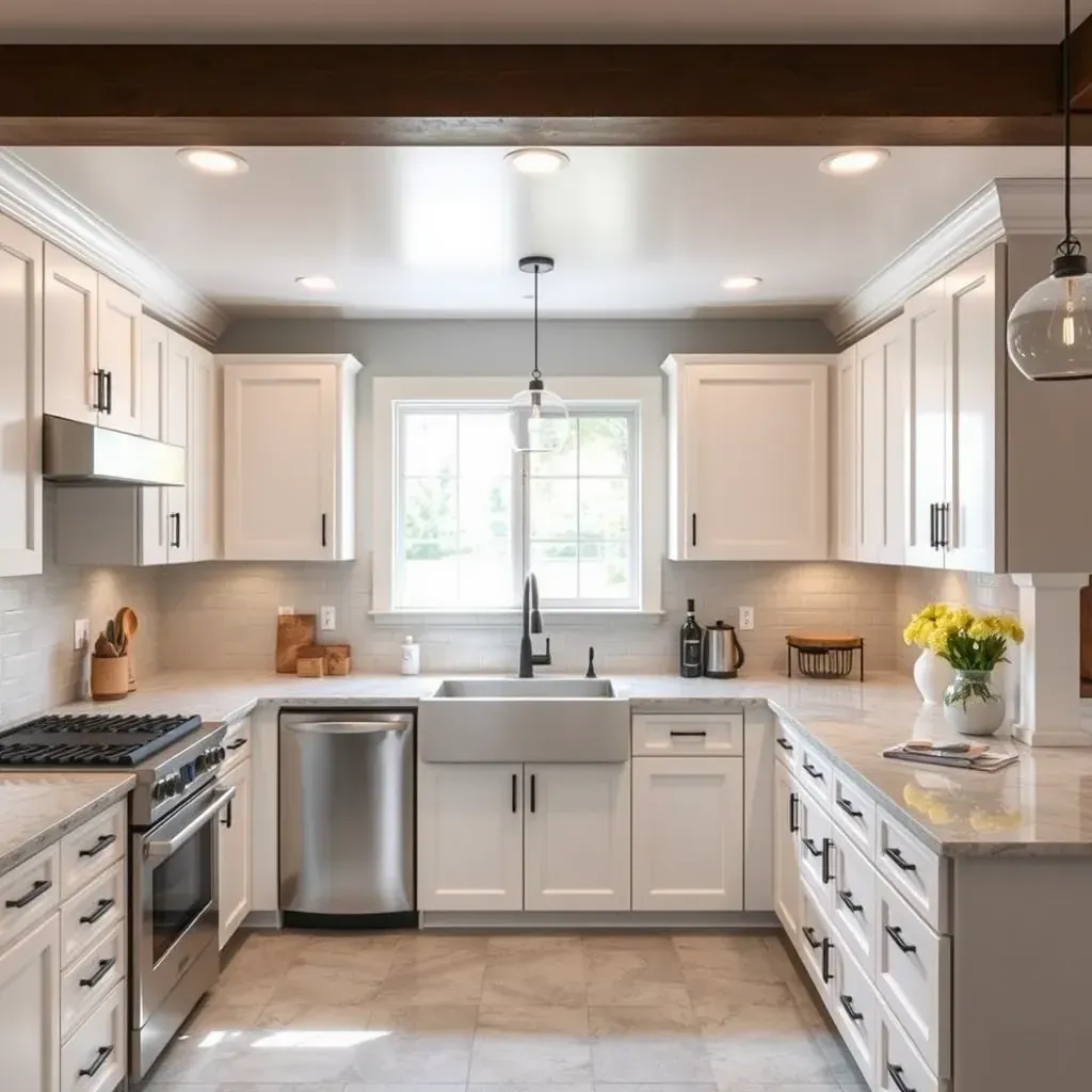 Modern Fairbanks Ranch kitchen with white cabinetry, quartz countertops, hardwood floors, stainless appliances, and lush backyard view.
