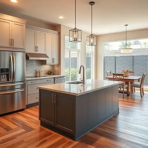 Newly remodeled kitchen in Vista CA with modern cabinetry, granite island, pendant lighting, and open-concept dining area.
