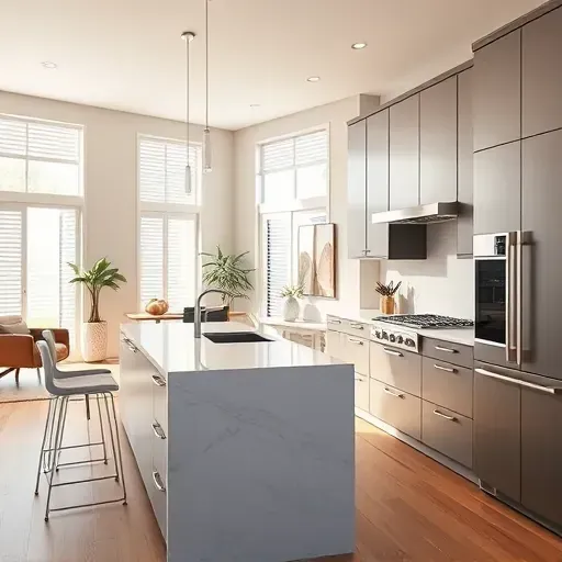 Remodeled modern kitchen in Normal Heights CA with matte cabinets quartz countertops integrated appliances and natural light