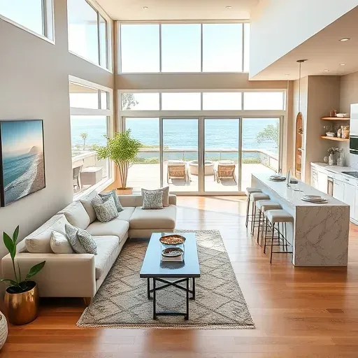 Modern coastal living room in Cardiff-by-the-Sea featuring large windows, neutral tones, and elegant decor.