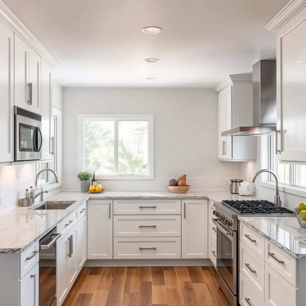 Modern Carlsbad kitchen with sleek cabinetry, quartz countertops, island, subway backsplash, stainless steel appliances, and coastal charm.