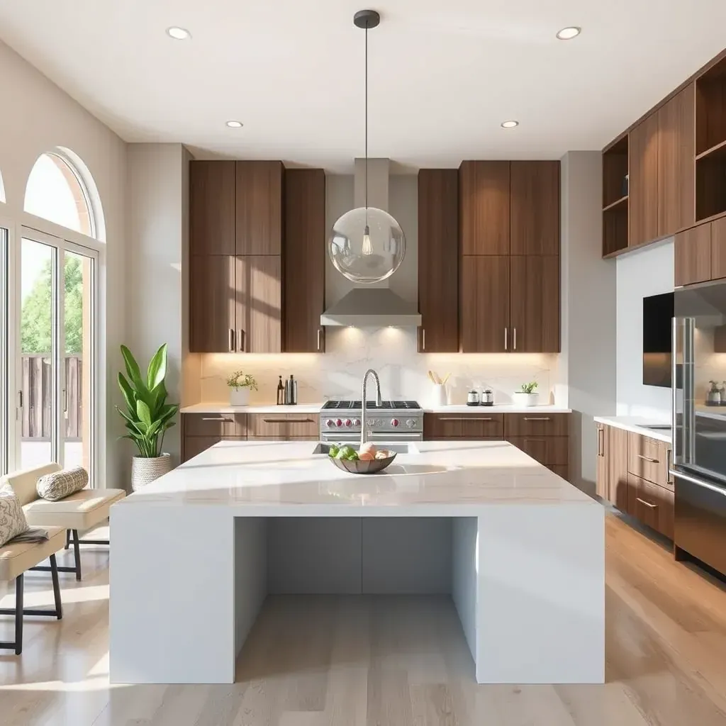 Remodeling in University City, CA: Modern kitchen with sleek cabinets, quartz countertops, and stylish lighting.