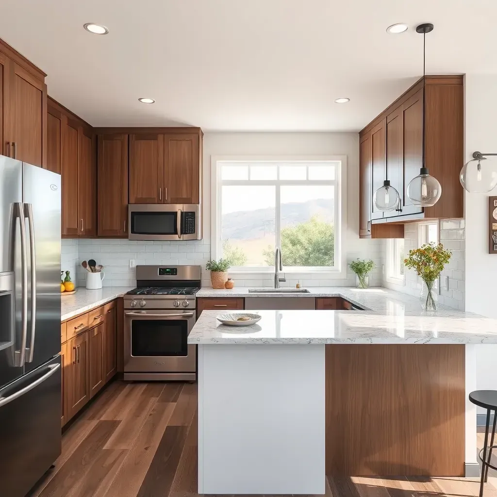 Modern Olivenhain kitchen with quartz countertops, white shaker cabinets, stainless appliances, and natural light.