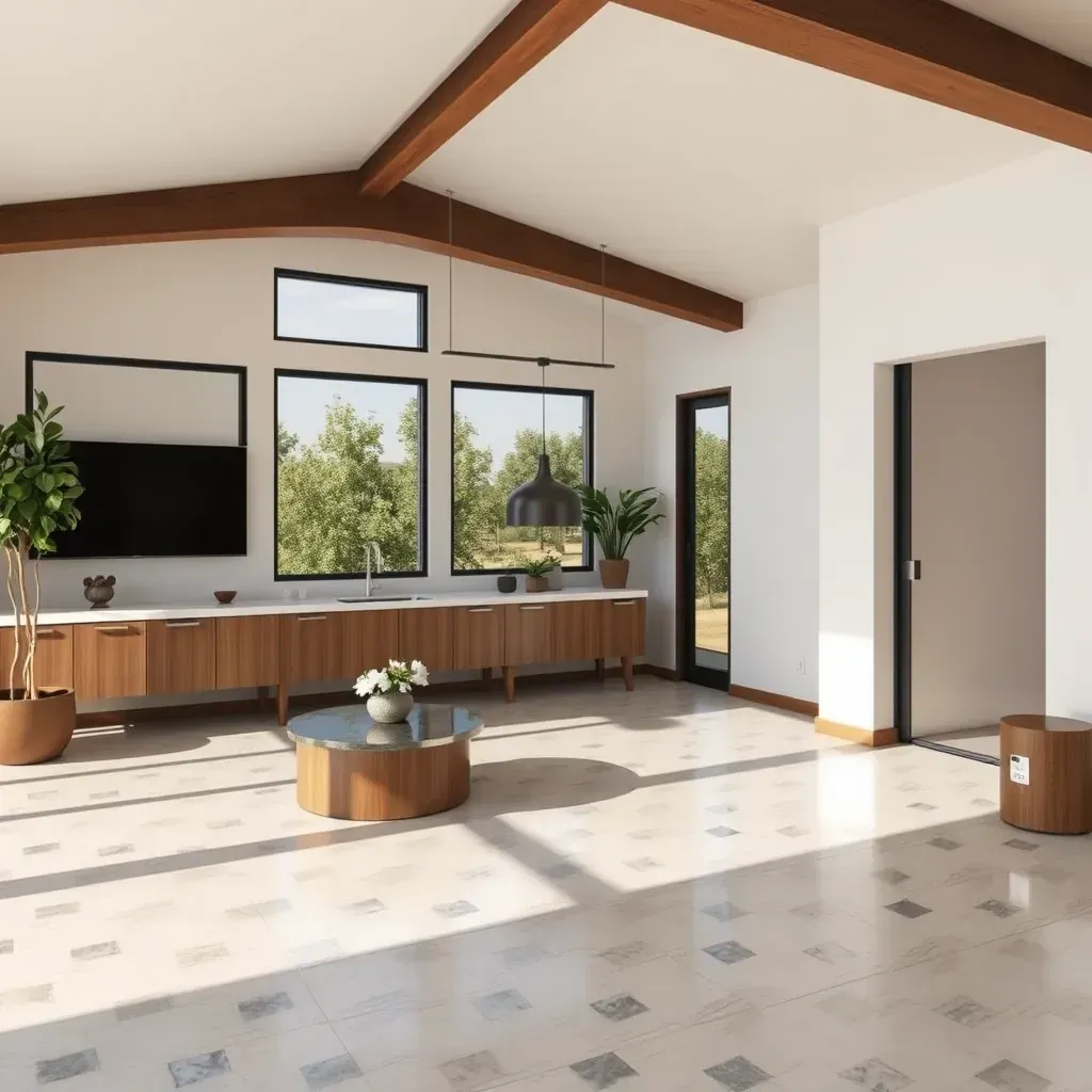 Remodeled outdoor patio in Bonsall, CA with new decking, stylish furniture, potted plants, and a renovated house backdrop.