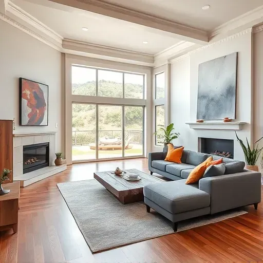 Modern living room in Bonsall CA with gray sectional sofa, reclaimed wood coffee table, and natural light. Elegant decor.
