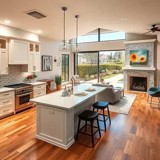 Modern kitchen remodel in Fairbanks Ranch CA with white cabinetry, granite island, and stylish decor in open living area.