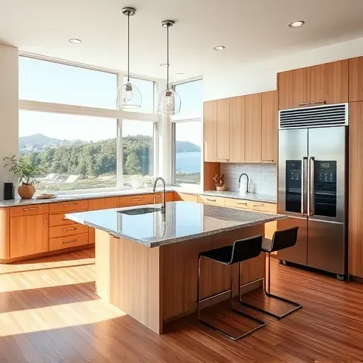 Beautiful modern kitchen in Cardiff-by-the-Sea CA with sleek cabinetry, large island, high-end appliances, and coastal views
