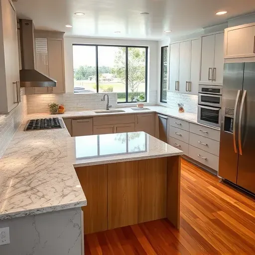 Remodeled Valley Center CA kitchen with granite countertops, subway tile backsplash, stainless steel appliances, hardwood floors, large windows, and modern design