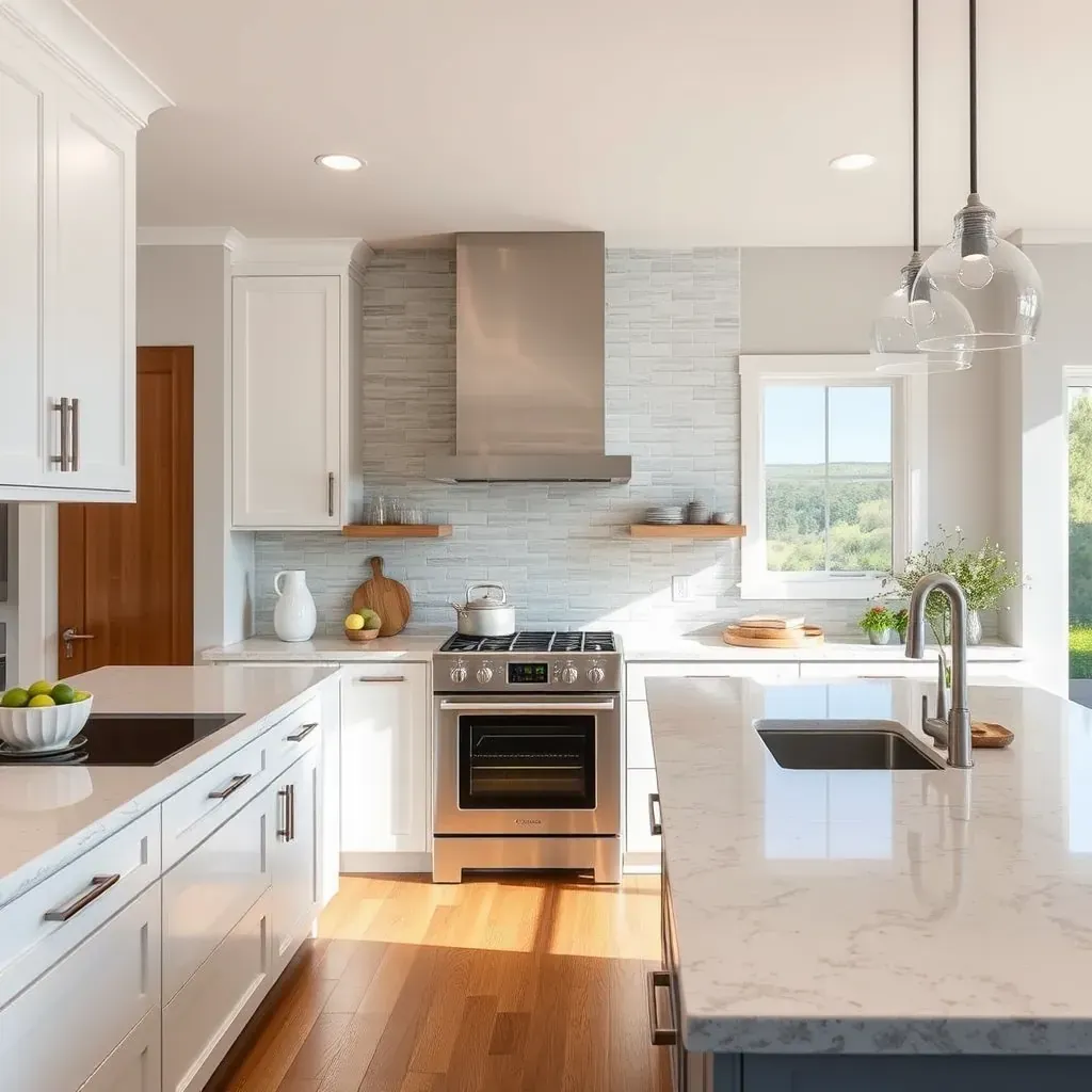 Modern Carmel Valley kitchen with sleek cabinets, granite countertops, large island, stylish lighting, and scenic valley views.