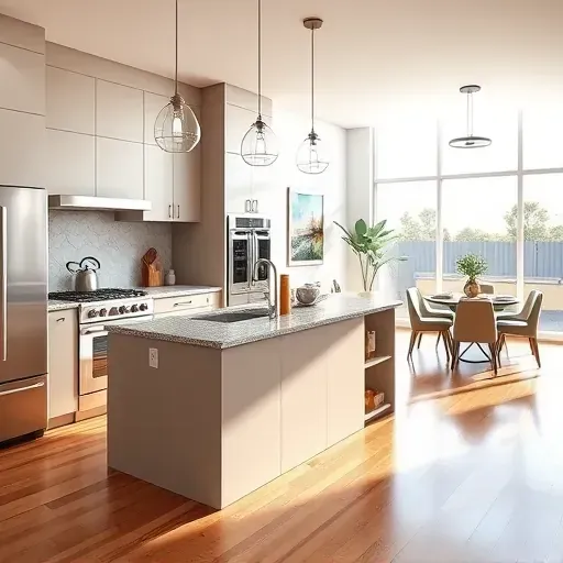 Renovated modern kitchen in Vista CA with matte cabinets stainless steel appliances a granite island large windows hardwood floors and open dining area